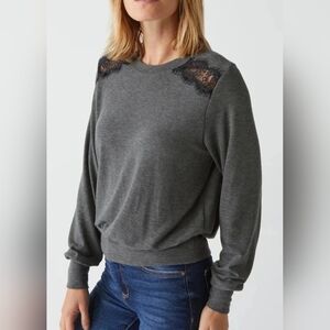 MICHAEL STARS Esther Pullover Charcoal with Black Lace Trim Sz XL